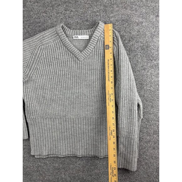 Zara Sweater Women's S Gray Cable Knit Wool Blend V Neck Pullover Side Slits - Picture 4 of 7